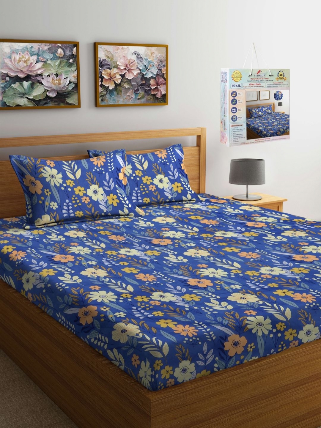 

FABINALIV Blue & Yellow Floral 300 TC Fitted King Bedsheet with 2 Pillow Covers-2.7mX2.7 m