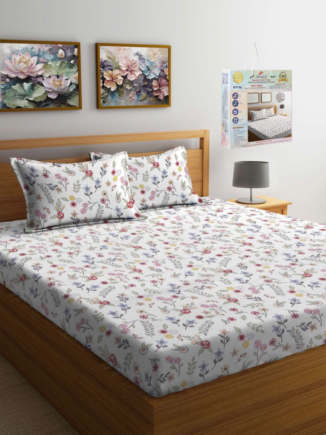 

FABINALIV White & Blue Floral 300 TC Fitted King Bedsheet with 2 Pillow Covers-2.7 mX2.7 m