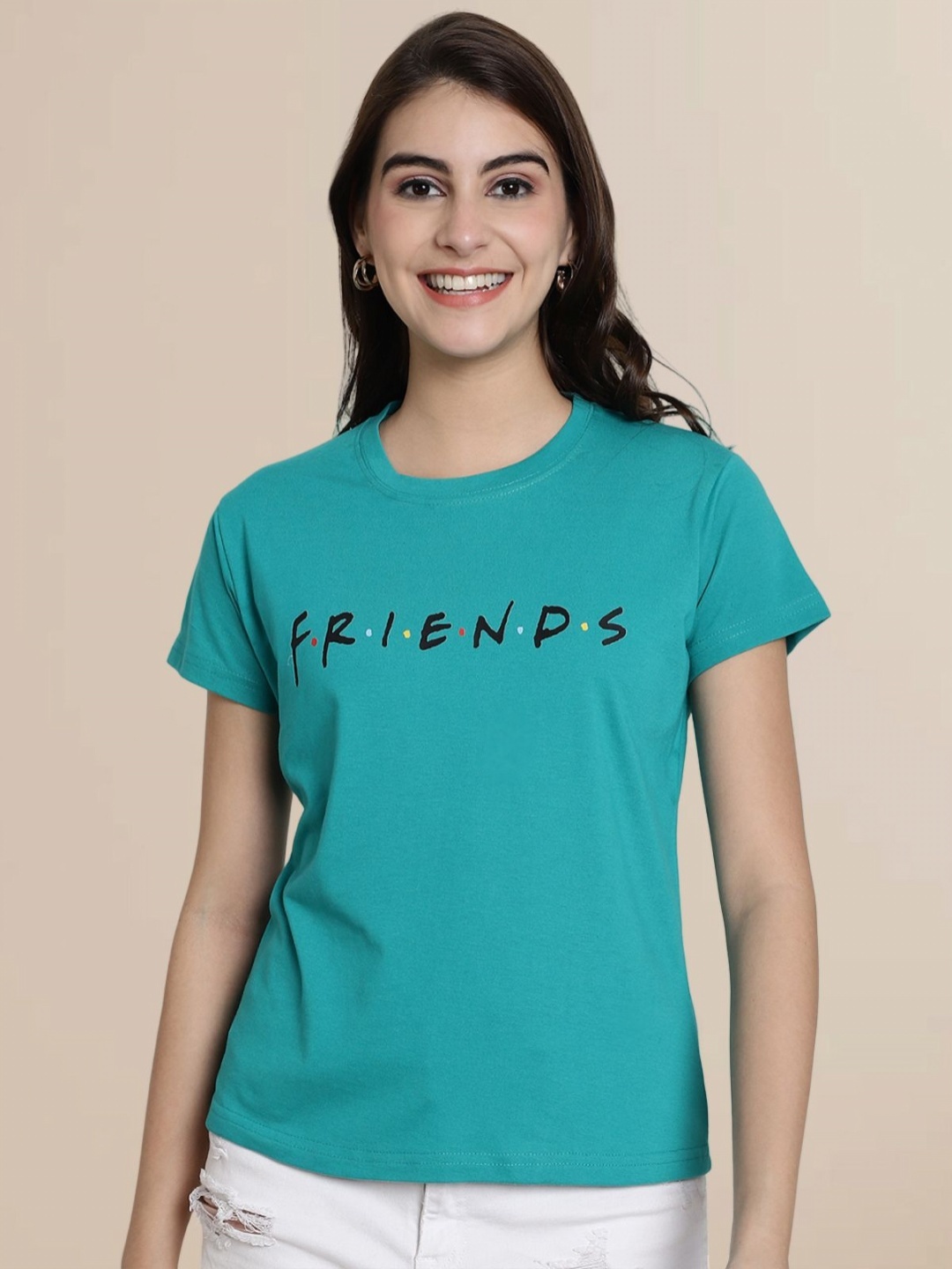 

FRIENDS by Dreambe Women Typography Printed Round Neck Cotton T-shirt, Turquoise blue