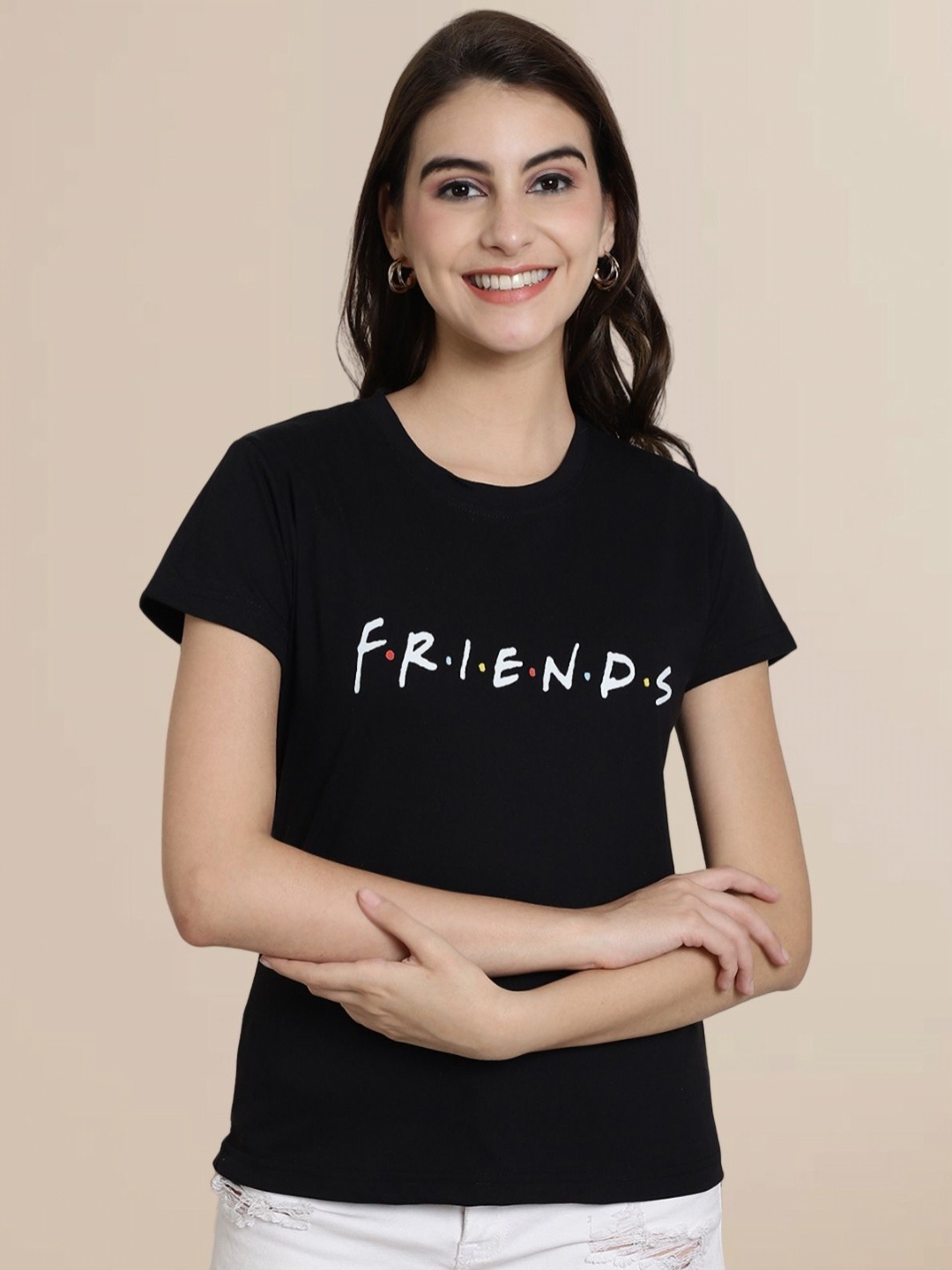 

FRIENDS by Dreambe Women Typography Printed Round Neck Cotton T-shirt, Black