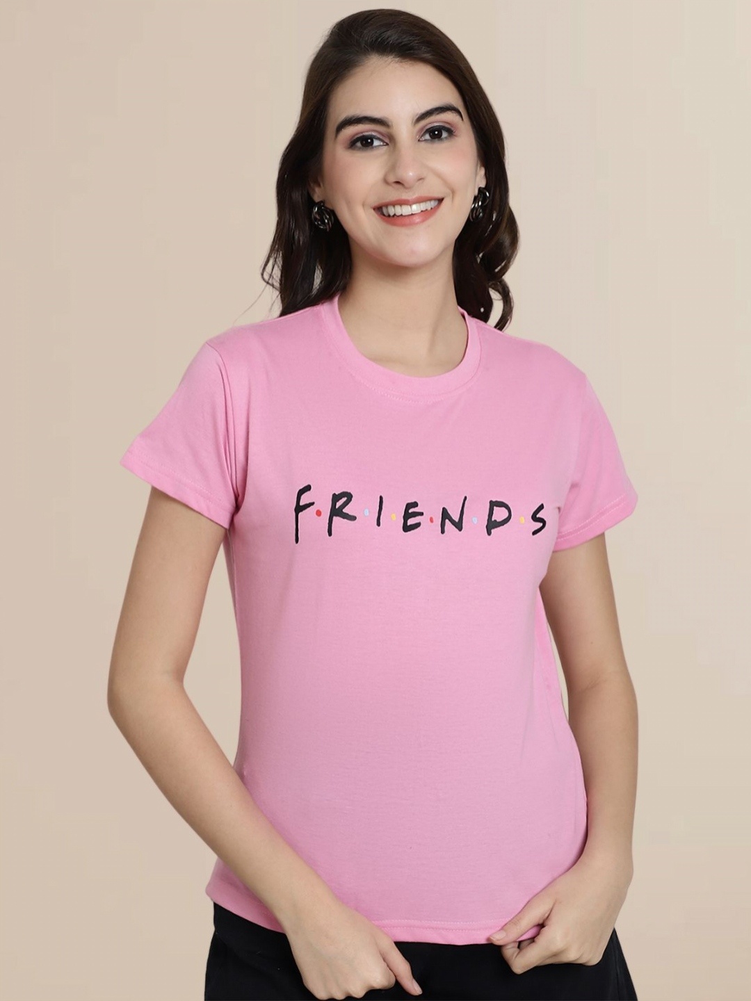 

FRIENDS by Dreambe Women Typography Printed Round Neck Cotton T-shirt, Pink