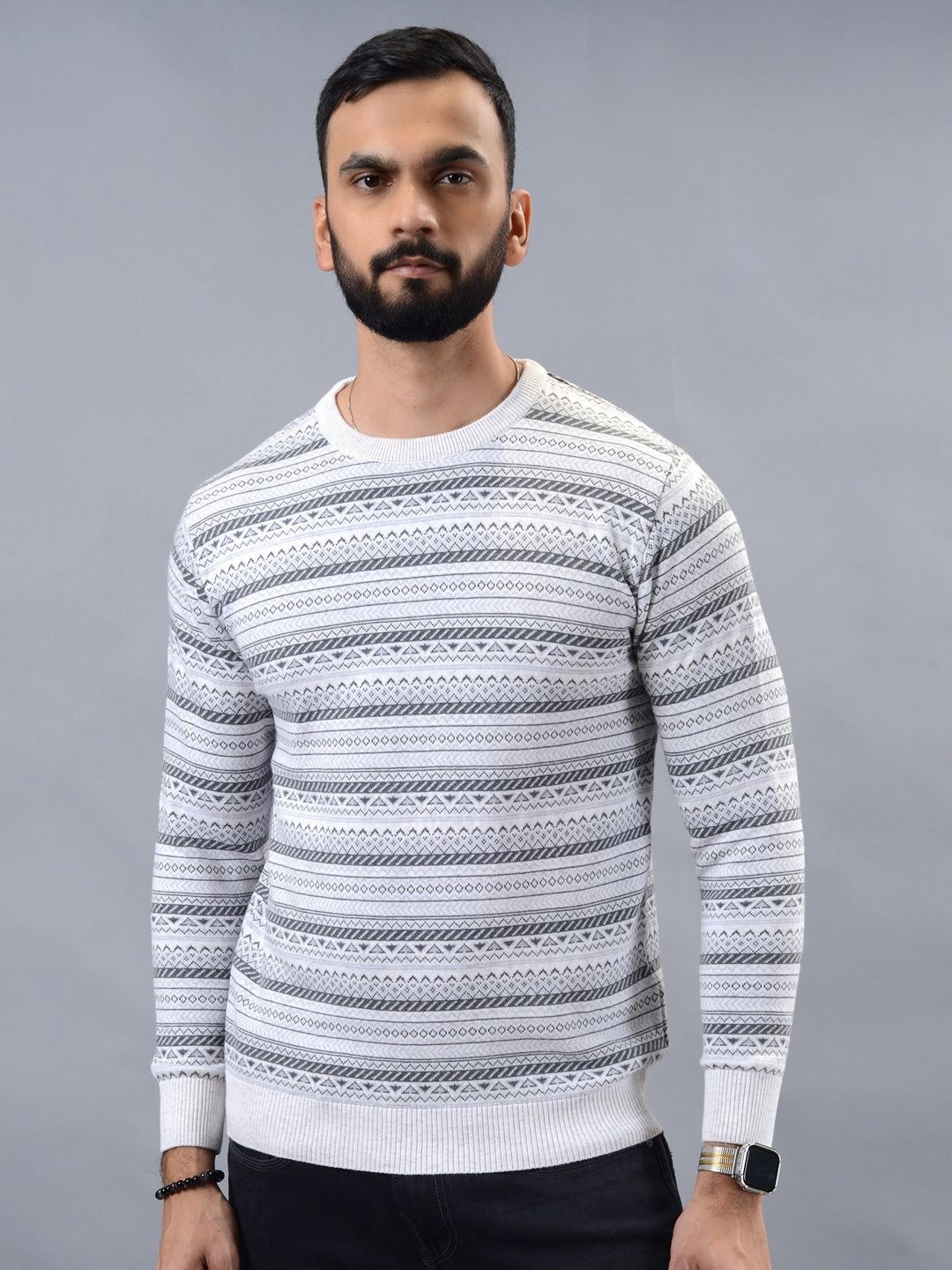 

JADE BLUE Men Striped Pure Cotton Sweatshirt, White