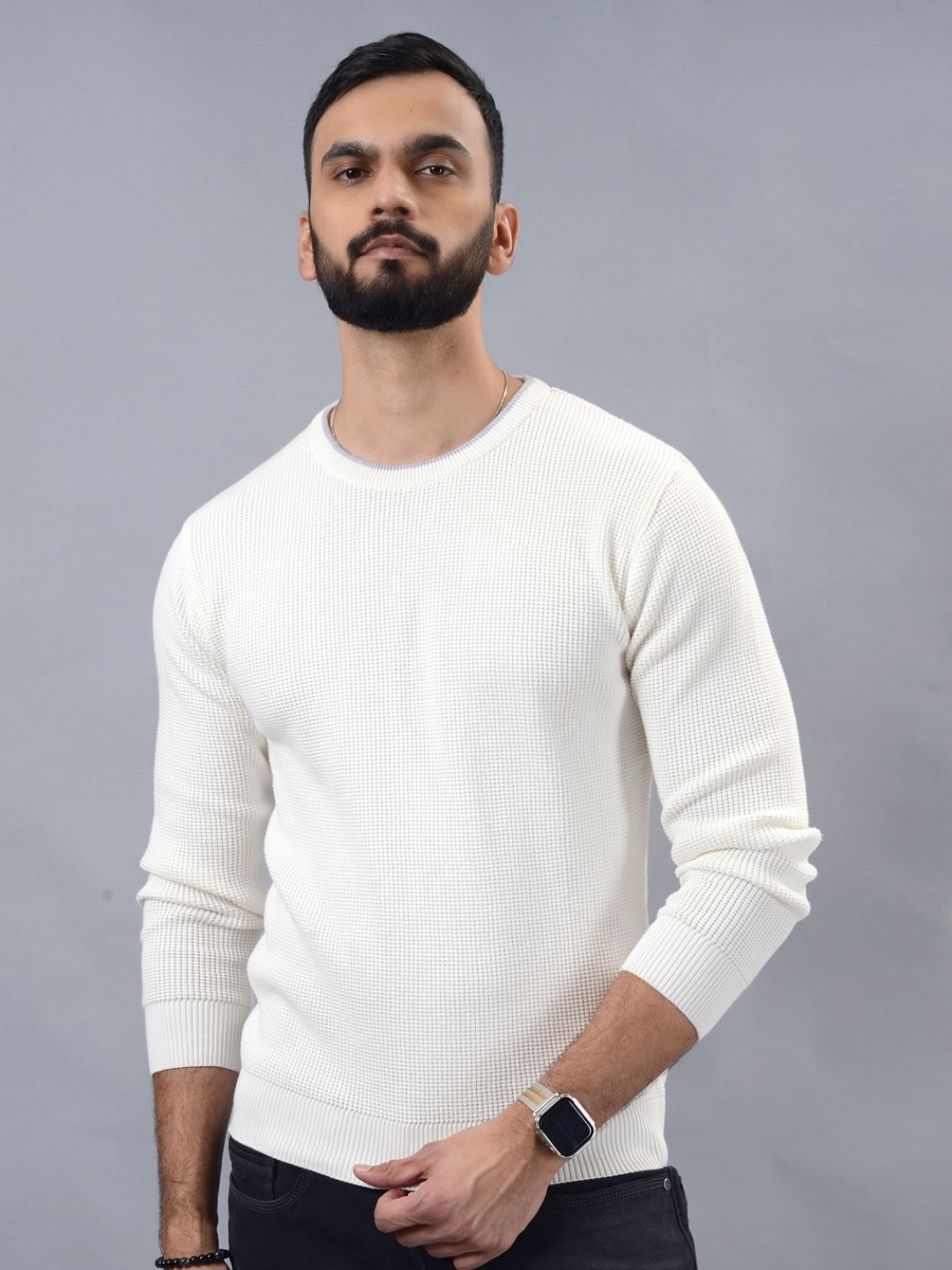 

JADE BLUE Men Solid Round Neck Pure Cotton Sweatshirt, White