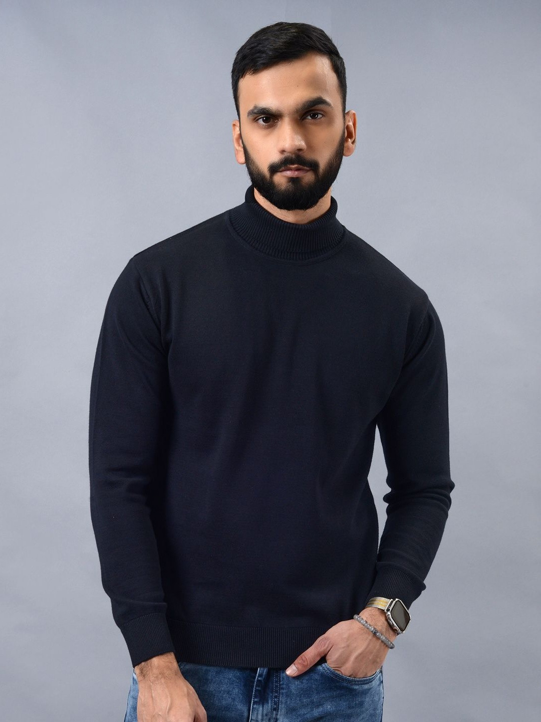 

JADE BLUE Men Solid Turtle Neck Pure Cotton Sweatshirt, Navy blue