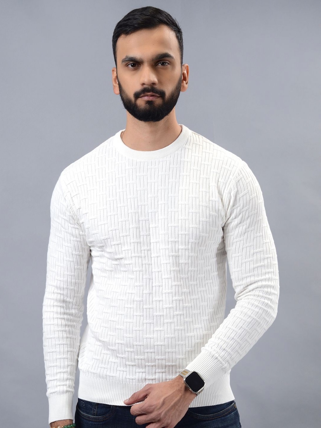 

JADE BLUE Men Self Design Pure Cotton Sweatshirt, White