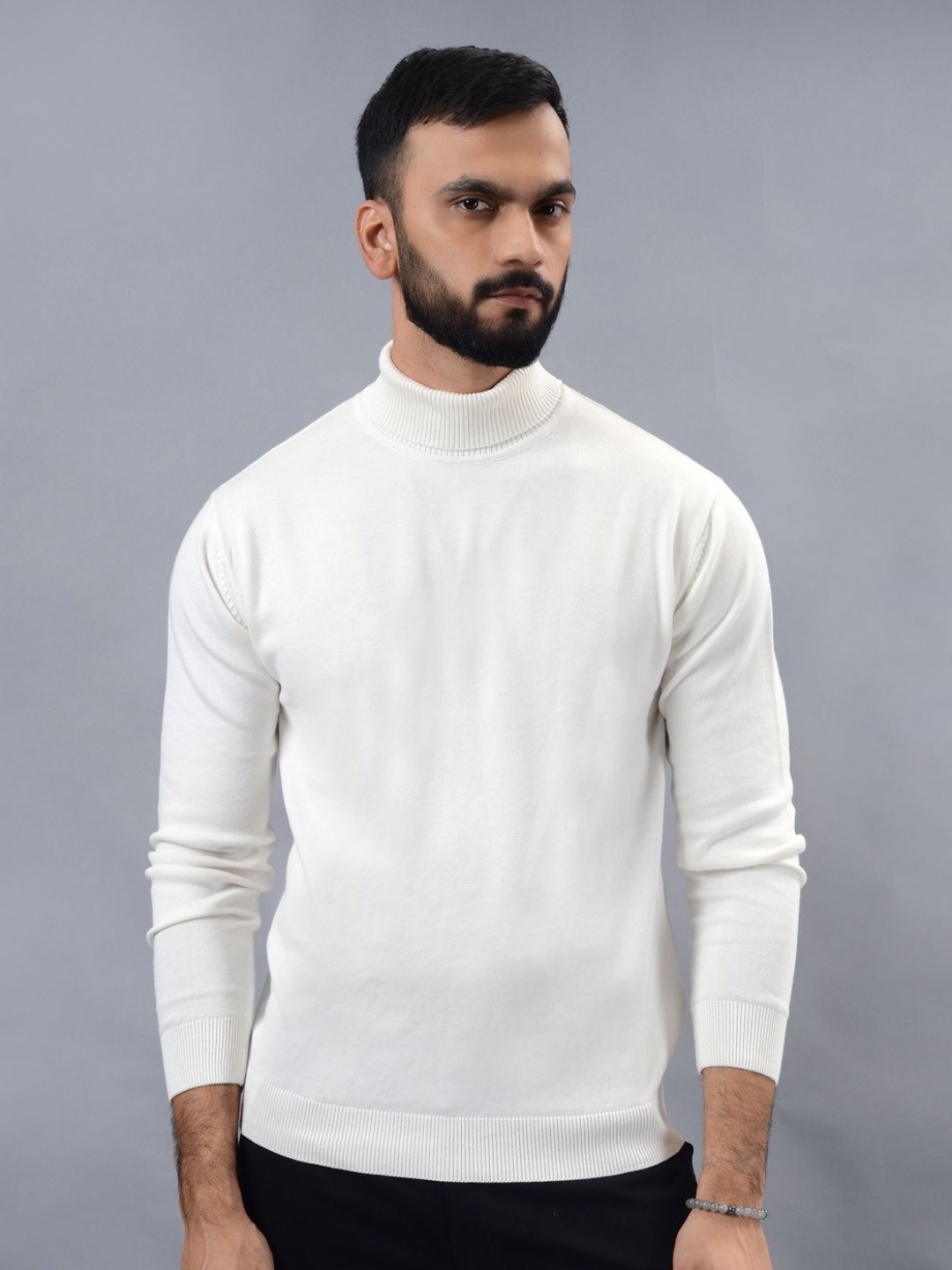 

JADE BLUE Men Solid Turtle Neck Pure Cotton Sweatshirt, White