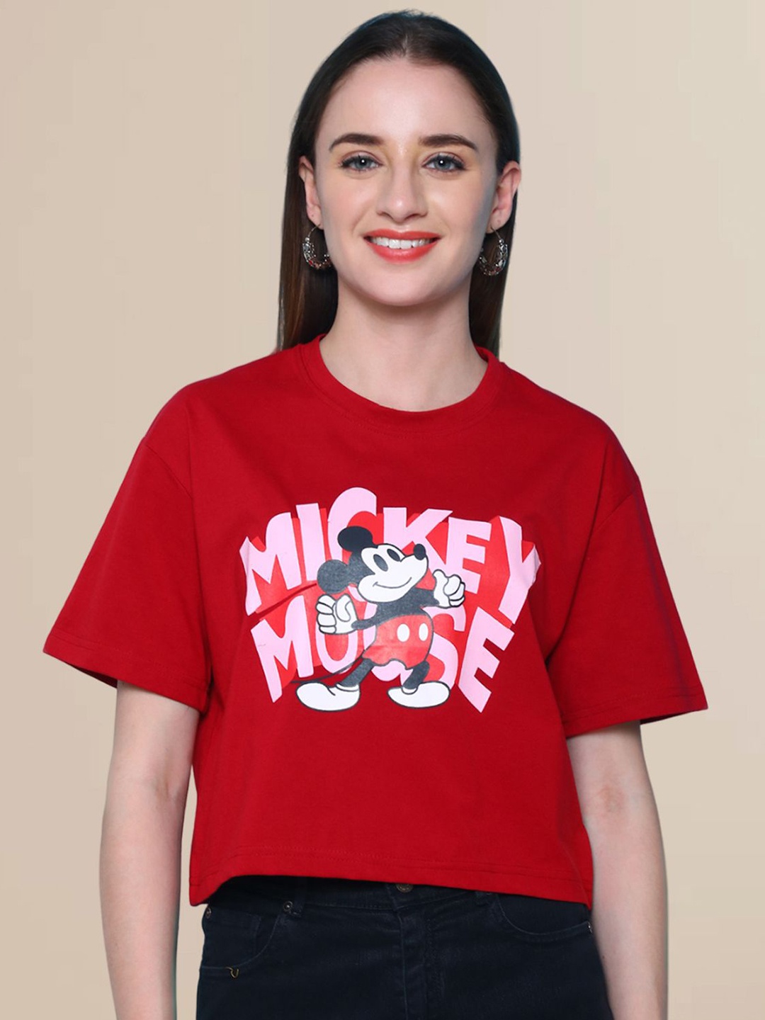 

DISNEY by Dreambe Women Mickey Mouse Typography Printed Round Neck Cotton Boxy T-shirt, Maroon