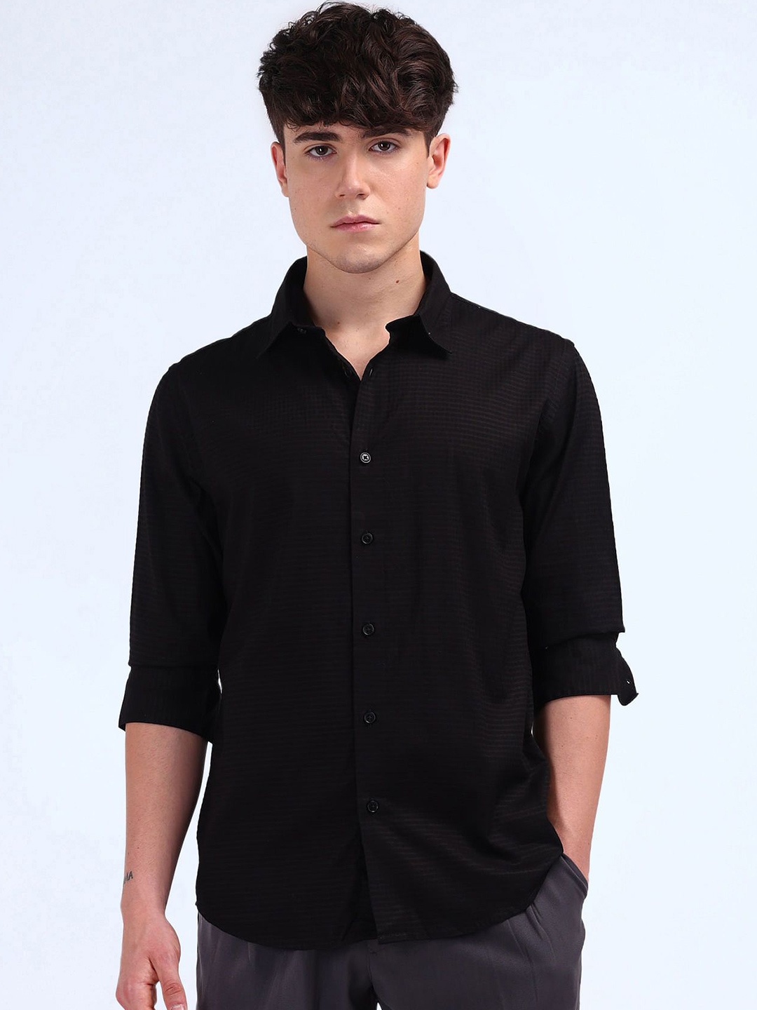 

Flying Machine Men Spread Collar Micro Checked Cotton Casual Shirt, Black