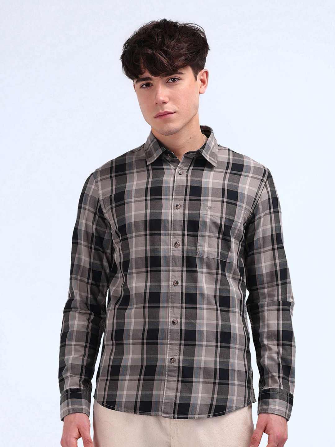 

Flying Machine Men Slim Fit Spread Collar Tartan Checked Cotton Casual Shirt, Brown