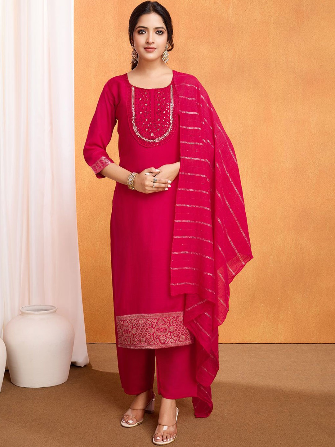 

LeeliPeeri Designer Floral Embroidered Straight Dola Silk Kurta with Trousers And Dupatta, Pink