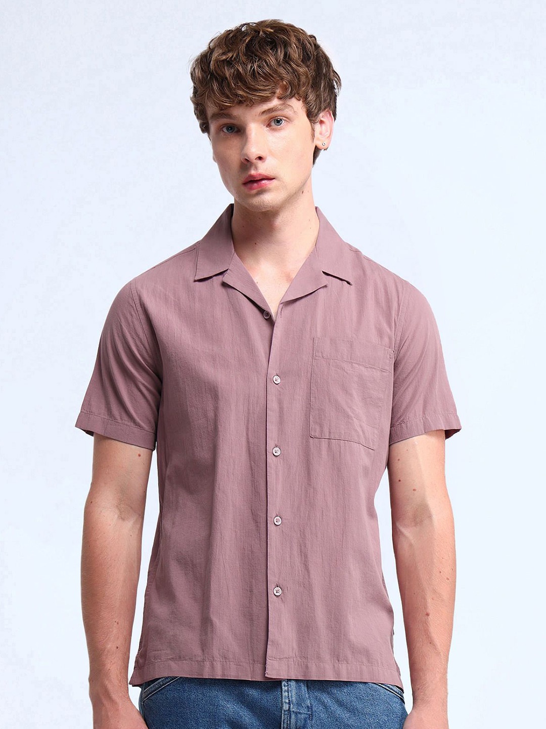 

Flying Machine Men Cuban Collar Solid Cotton Casual Shirt, Peach