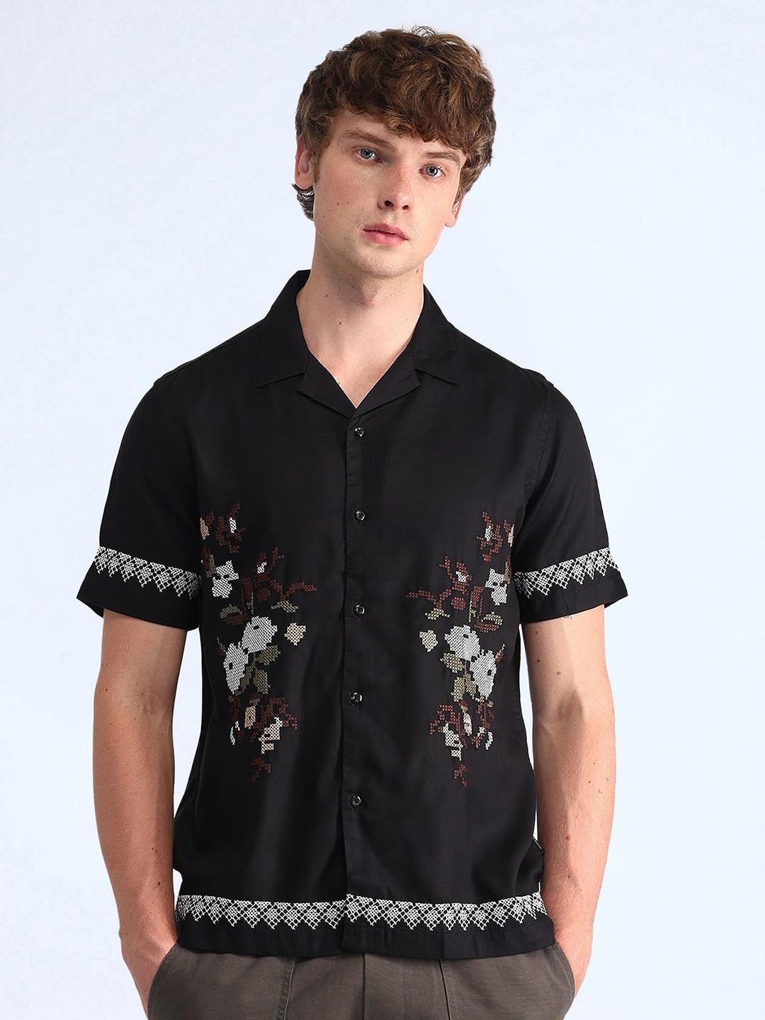 

Flying Machine Men Cuban Collar Floral Printed Cotton Casual Shirt, Black