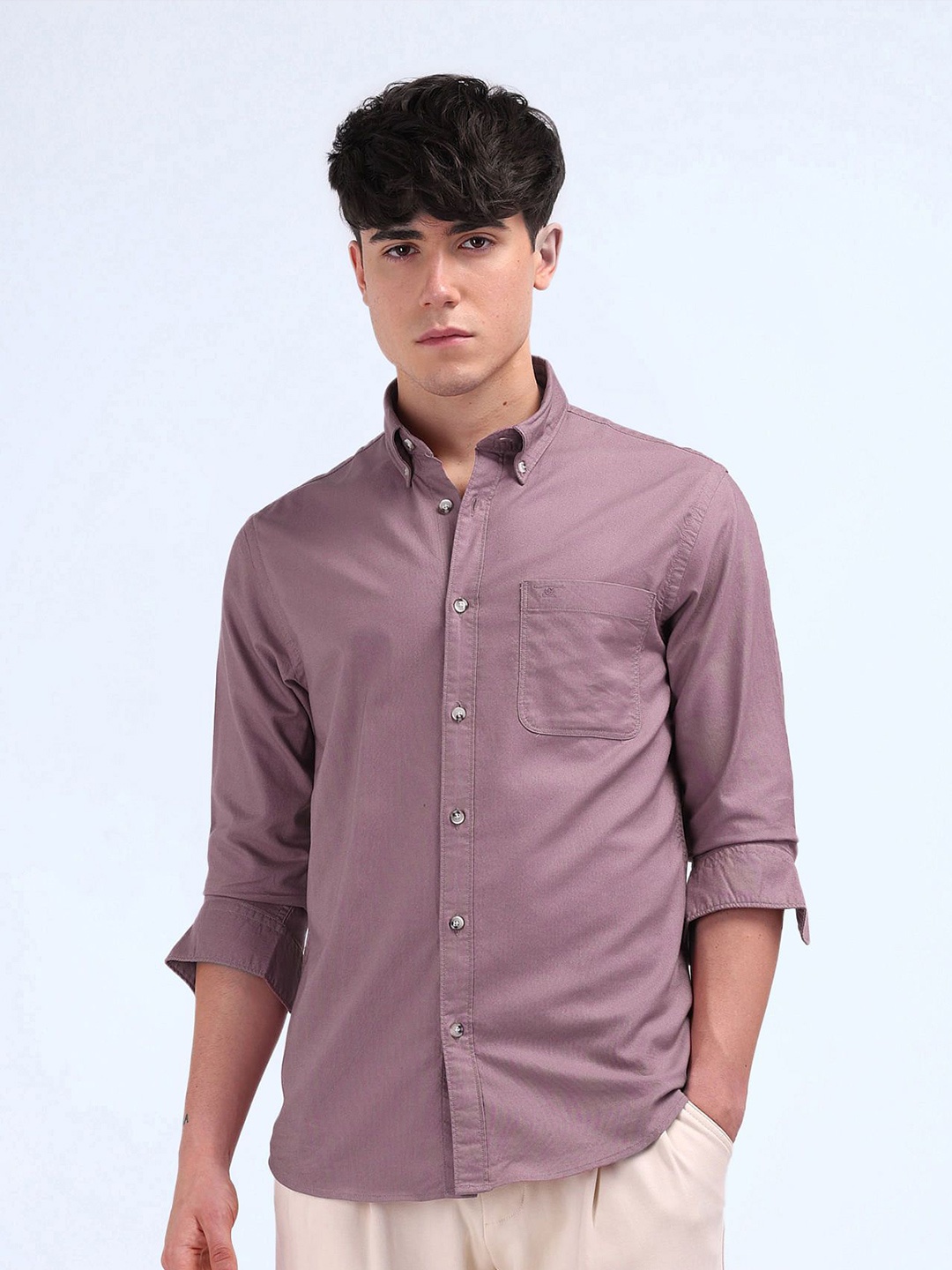 

Flying Machine Men Slim Fit Button-Down Collar Solid Cotton Casual Shirt, Mauve