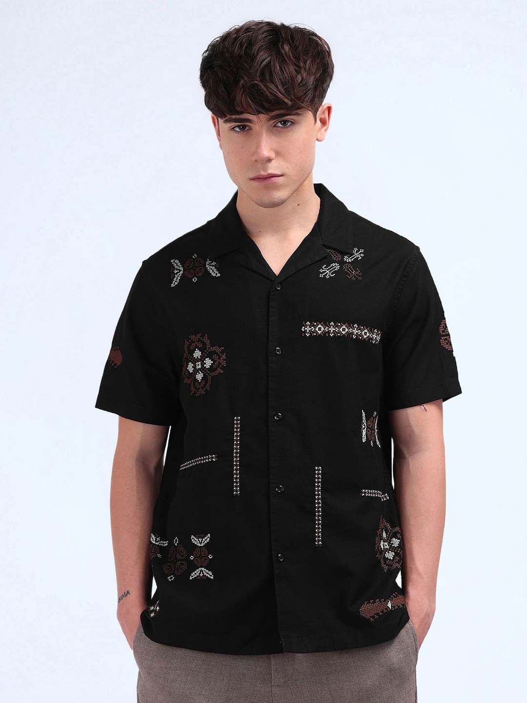 

Flying Machine Men Cuban Collar Abstract Printed Cotton Casual Shirt, Black