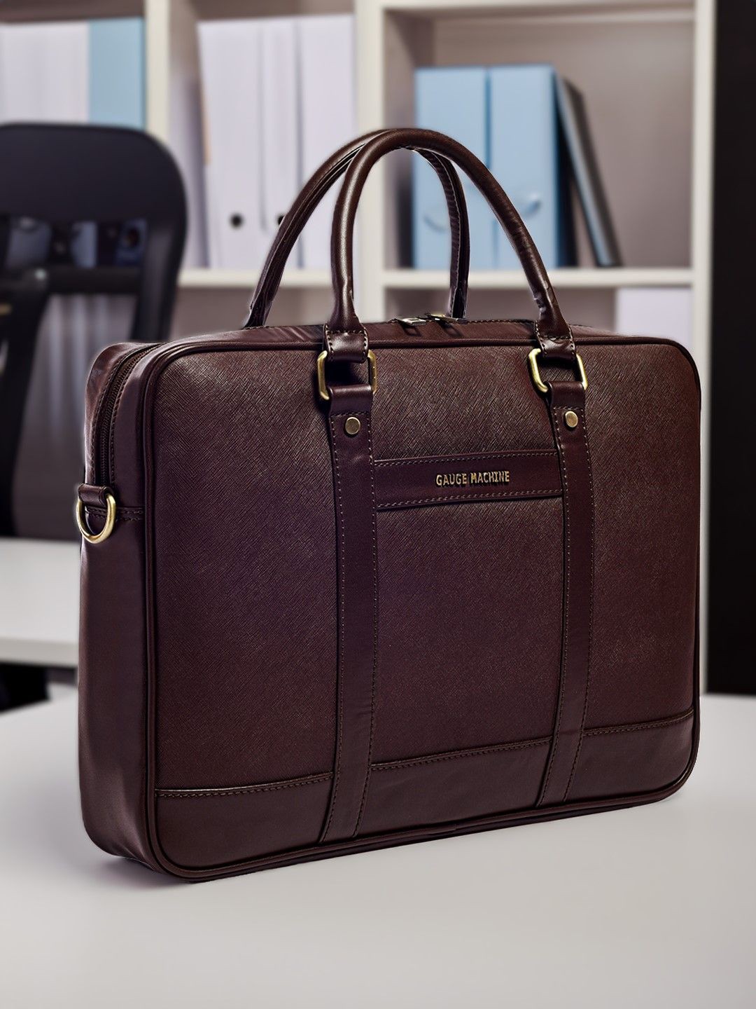 

Gauge Machine Unisex Textured PU Laptop Bag, Brown