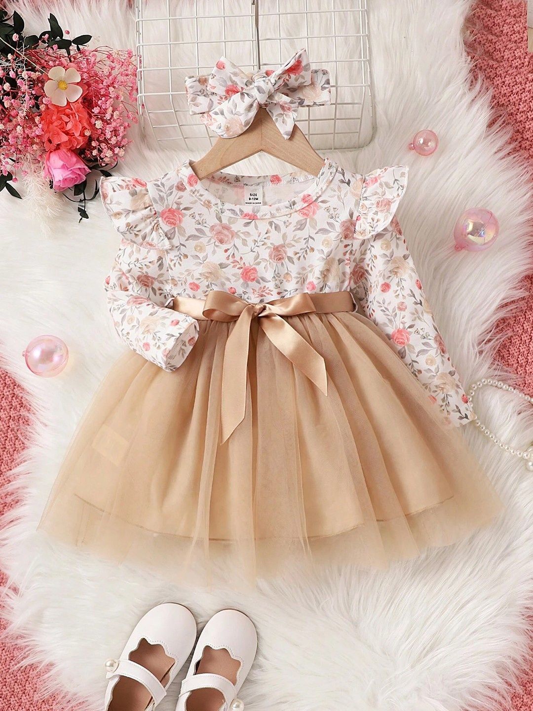 

Miss & Chief Girls Floral Print Net Fit And Flare Dress With Bow, Beige