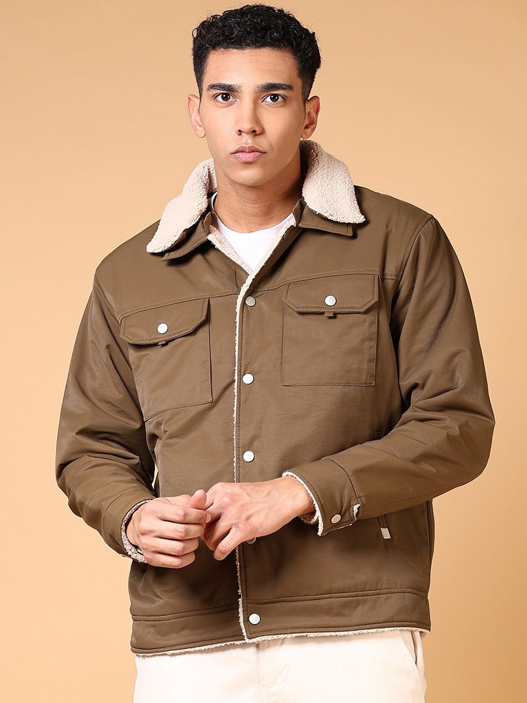 

V-Mart Men Spread Collar Solid Cotton Casual Parka Jacket, Brown
