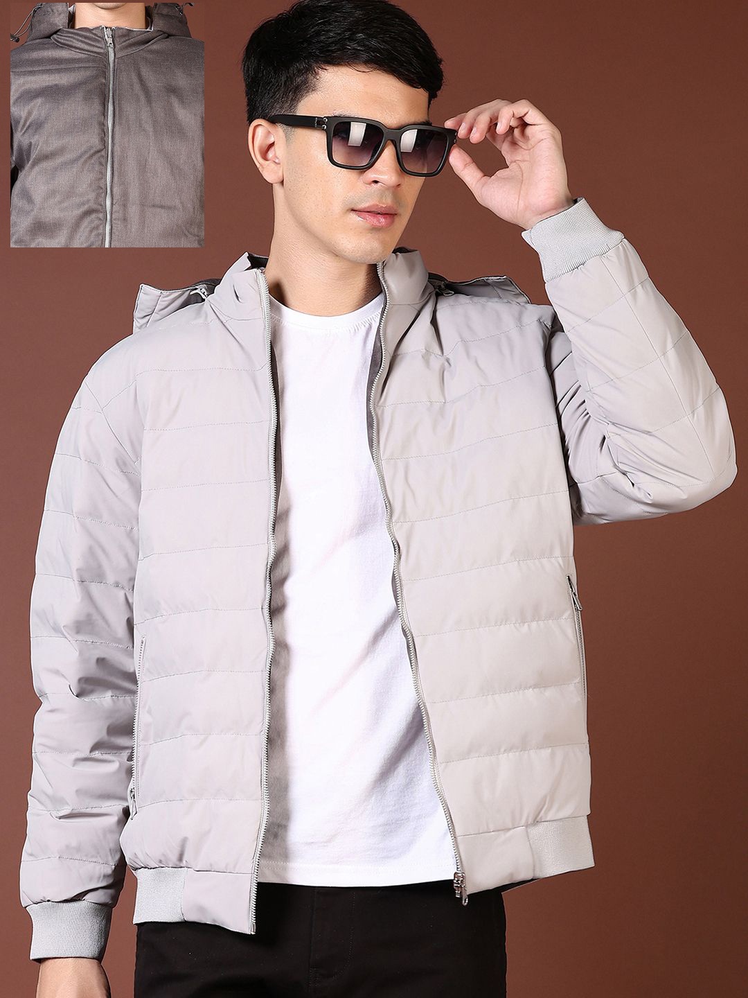 

V-Mart Men Hooded Solid Cotton Casual Puffer Reversible Jacket, Grey
