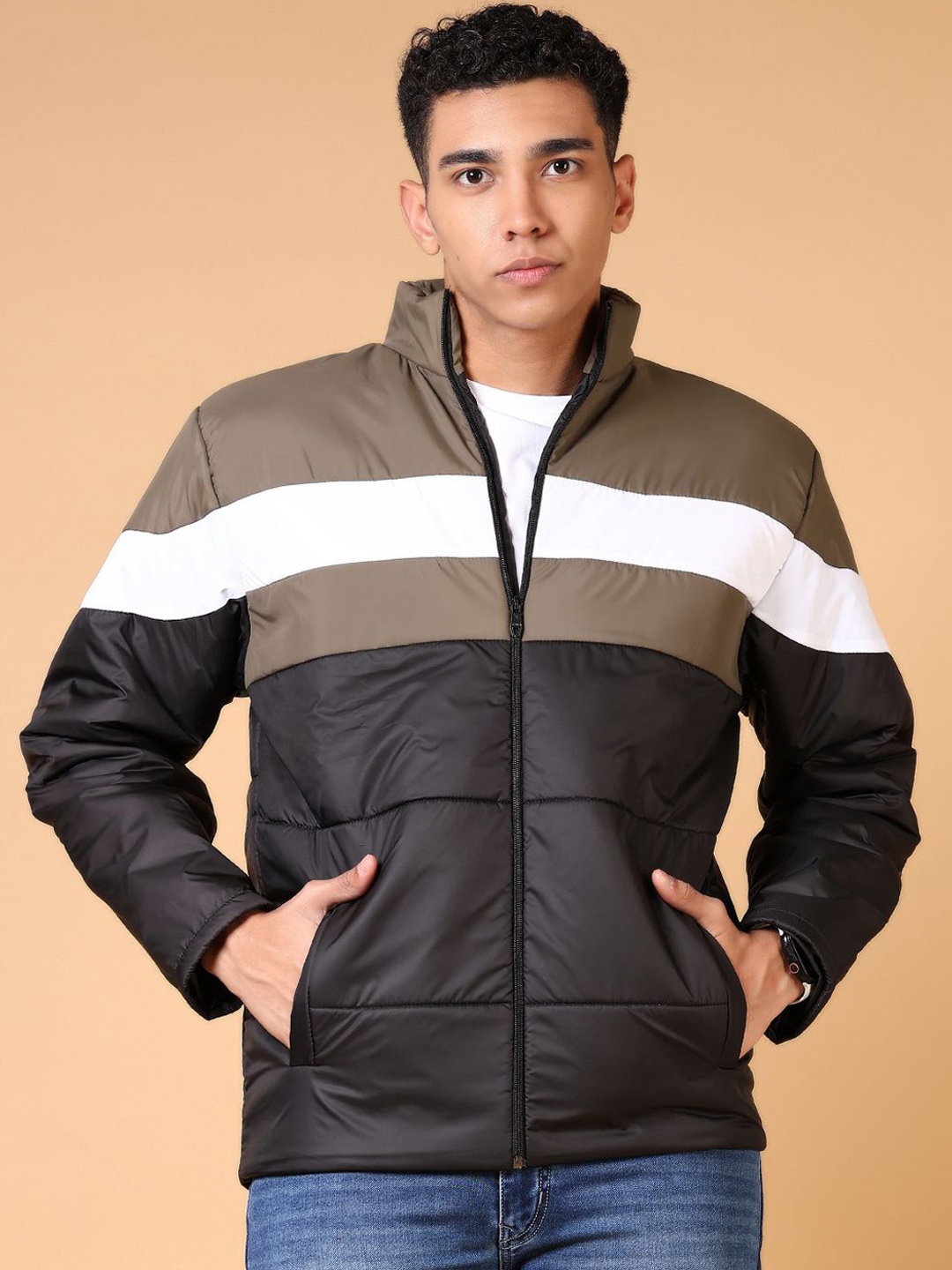

V-Mart Men Mock Collar Colourblocked Cotton Casual Puffer Jacket, Black
