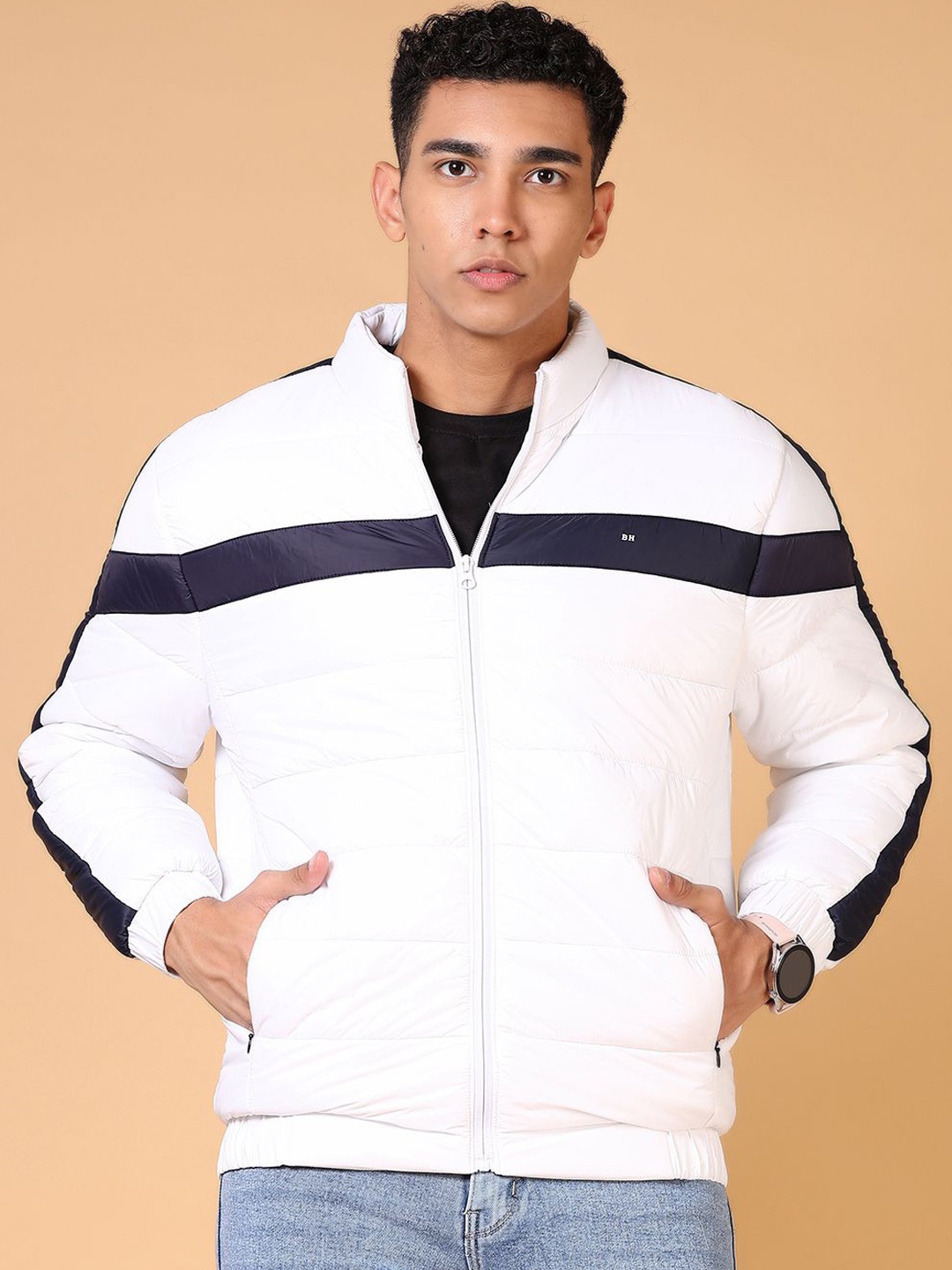 

V-Mart Men Mock Collar Striped Cotton Casual Puffer Jacket, White