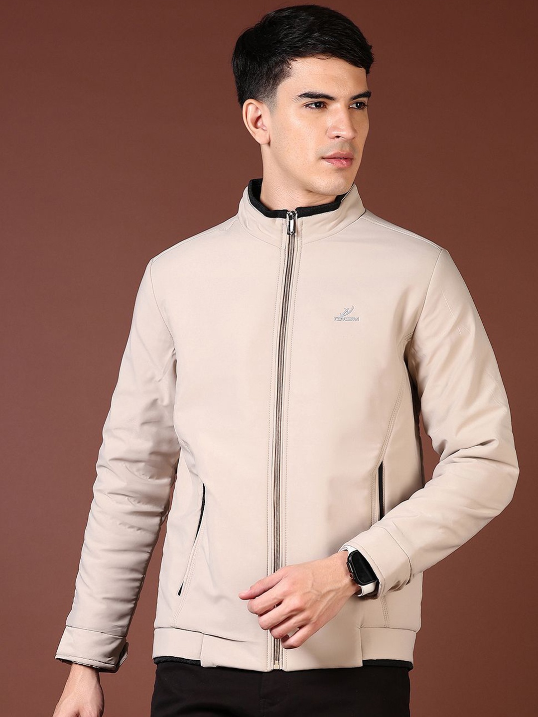 

V-Mart Men Mock Collar Solid Cotton Casual Bomber Jacket, Beige
