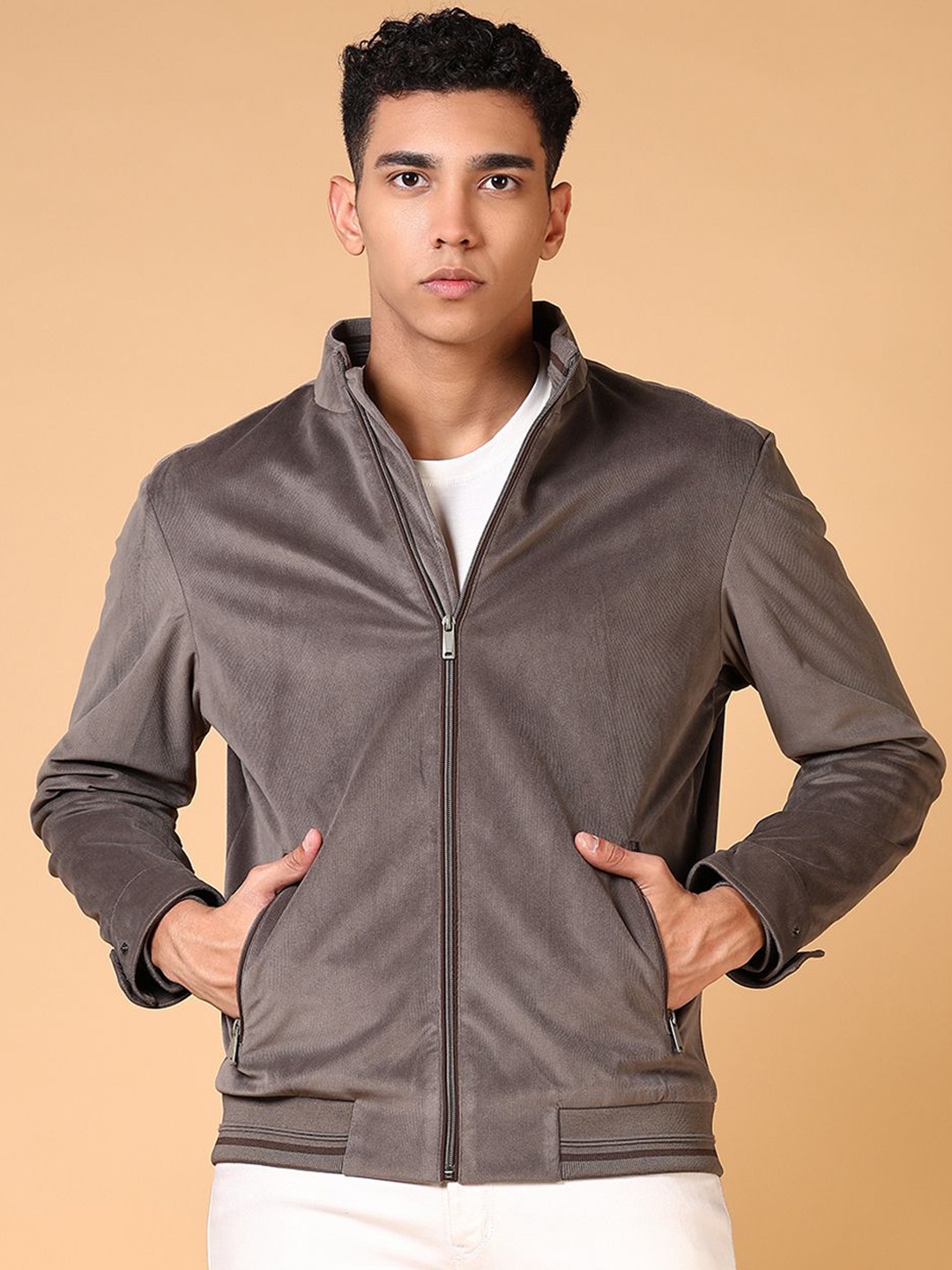 

V-Mart Men Mock Collar Solid Cotton Casual Bomber Jacket, Grey