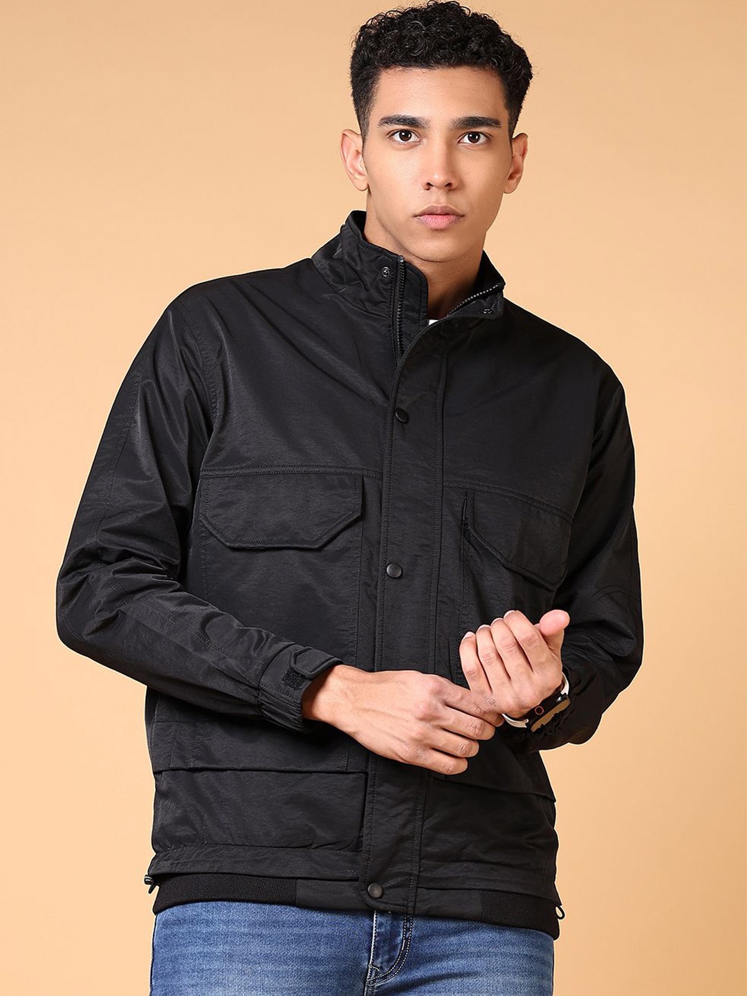 

V-Mart Men Mock Collar Solid Cotton Casual Padded Jacket, Black