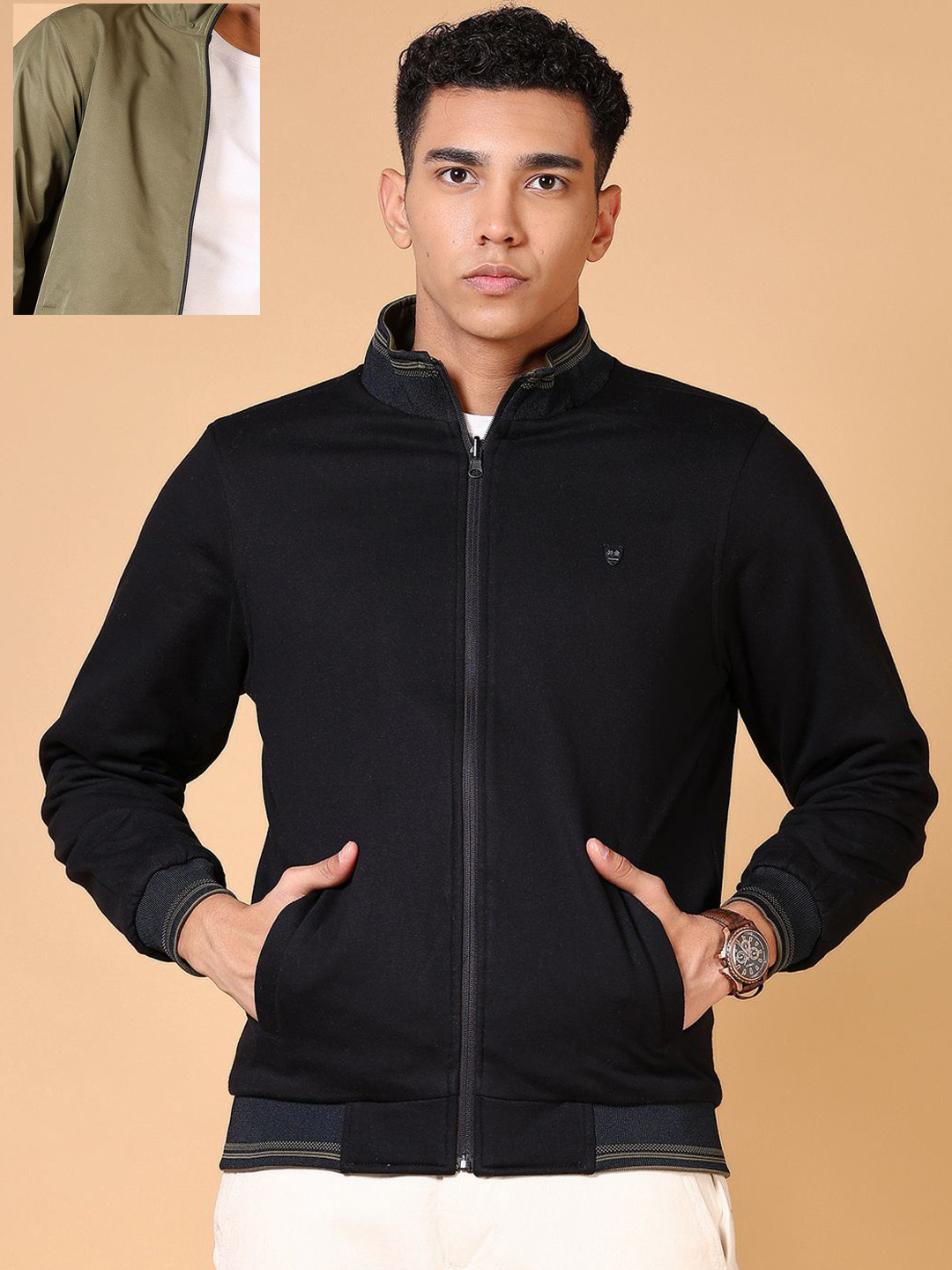 

V-Mart Men Mock Collar Solid Cotton Casual Bomber Reversible Jacket, Olive