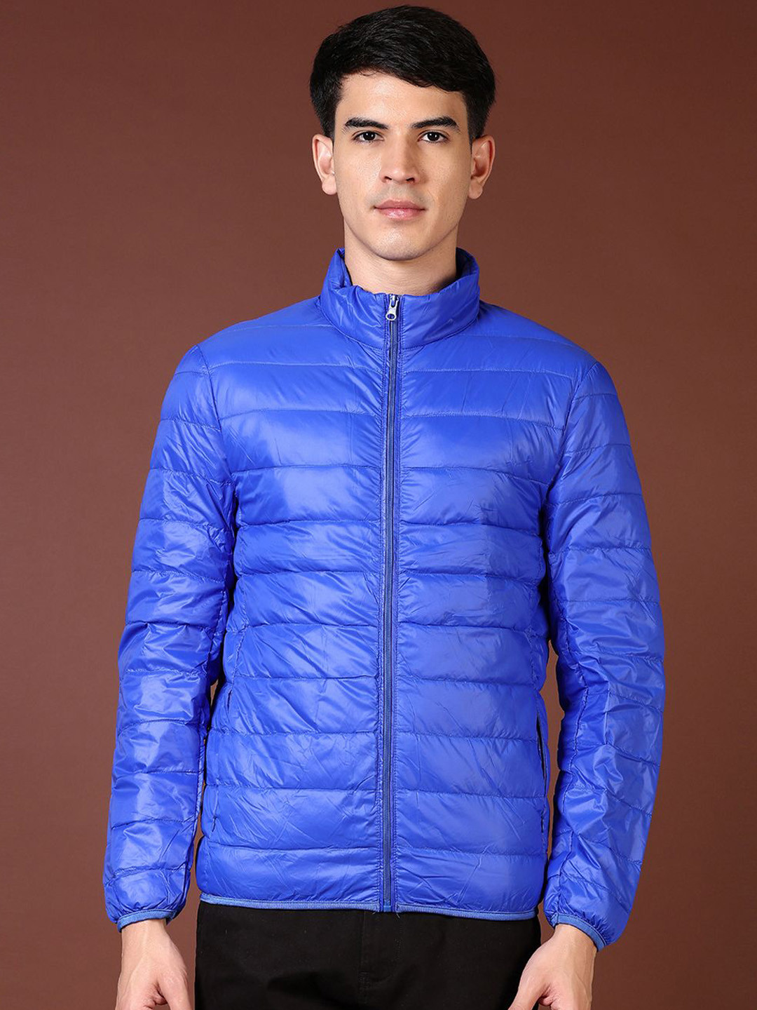 

V-Mart Men Mock Collar Solid Cotton Casual Puffer Jacket, Blue