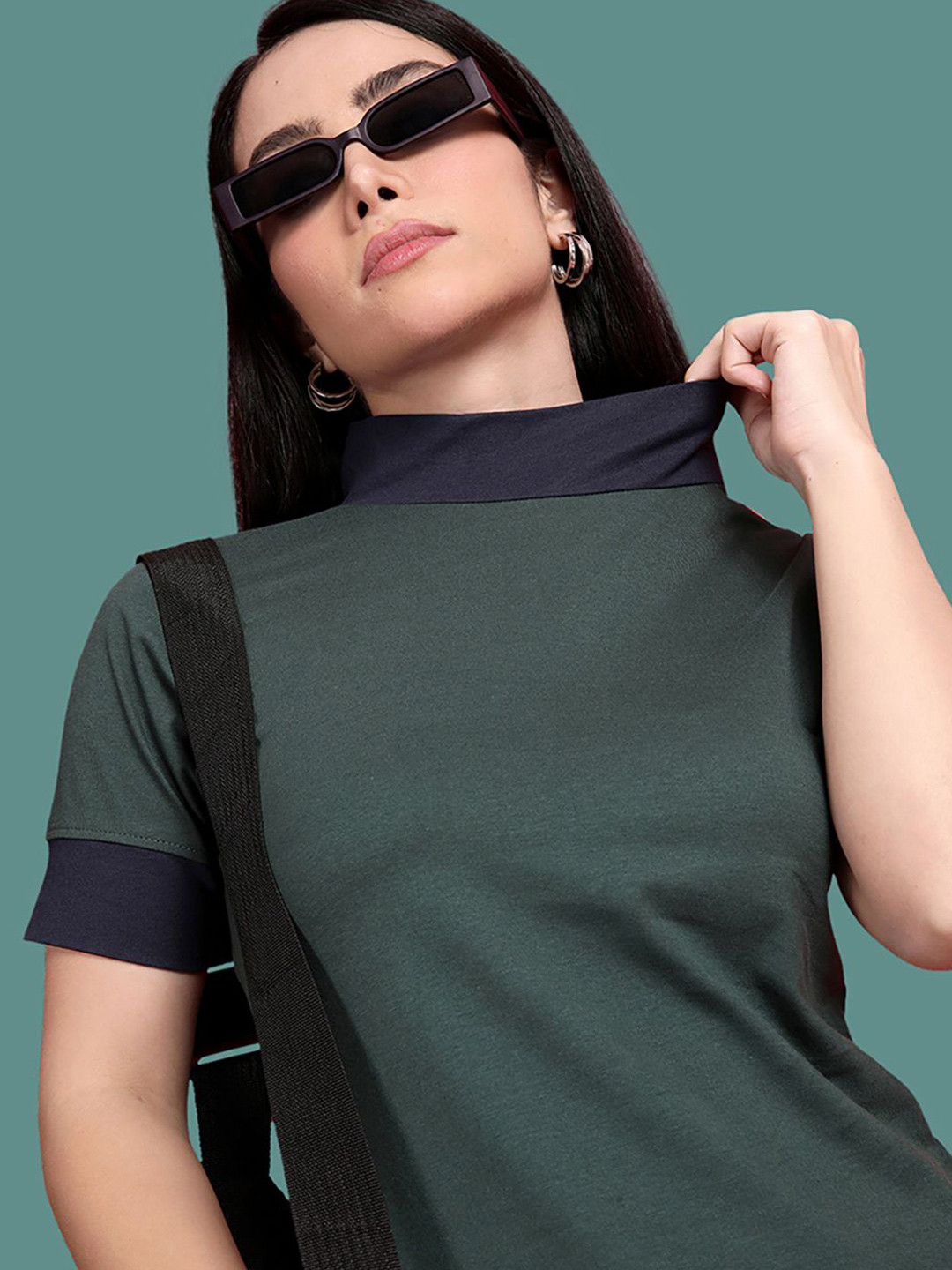 

TWIN BIRDS Women Solid High Neck Cotton Slim Fit T-shirt, Green