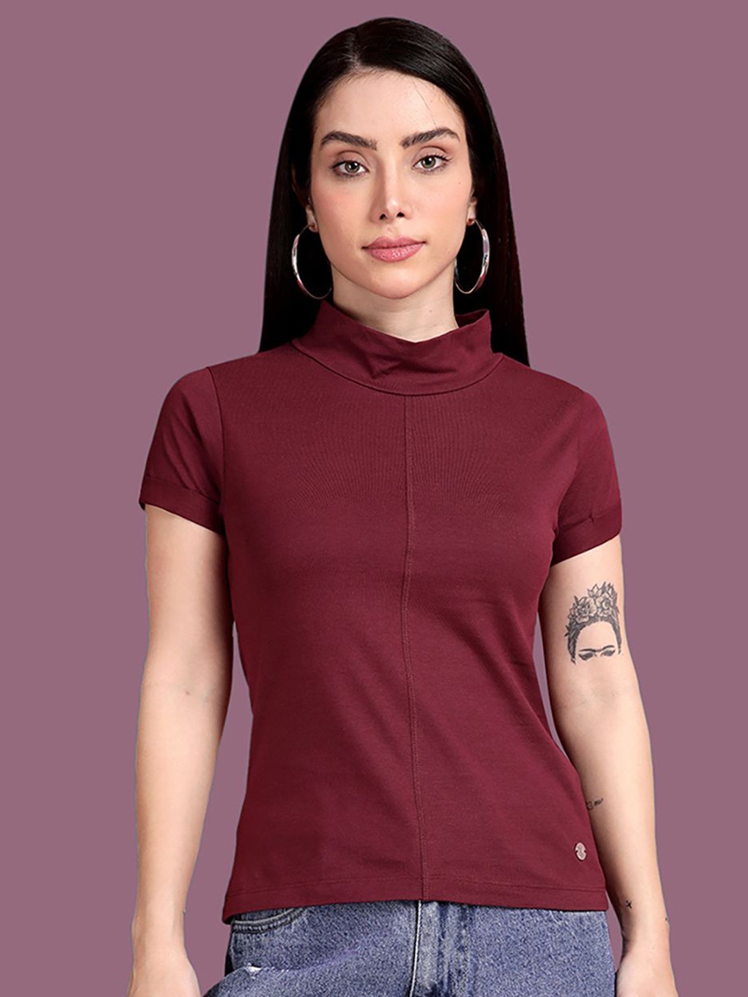 

TWIN BIRDS Women Solid High Neck Cotton Slim Fit T-shirt, Maroon