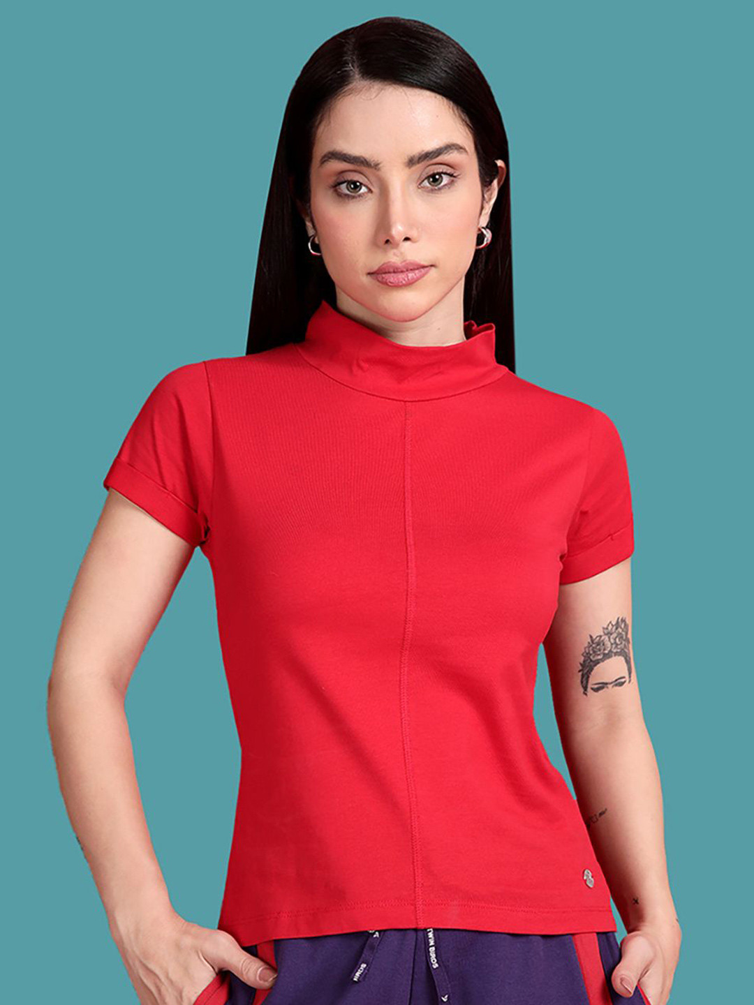 

TWIN BIRDS Women Solid High Neck Cotton Slim Fit T-shirt, Red