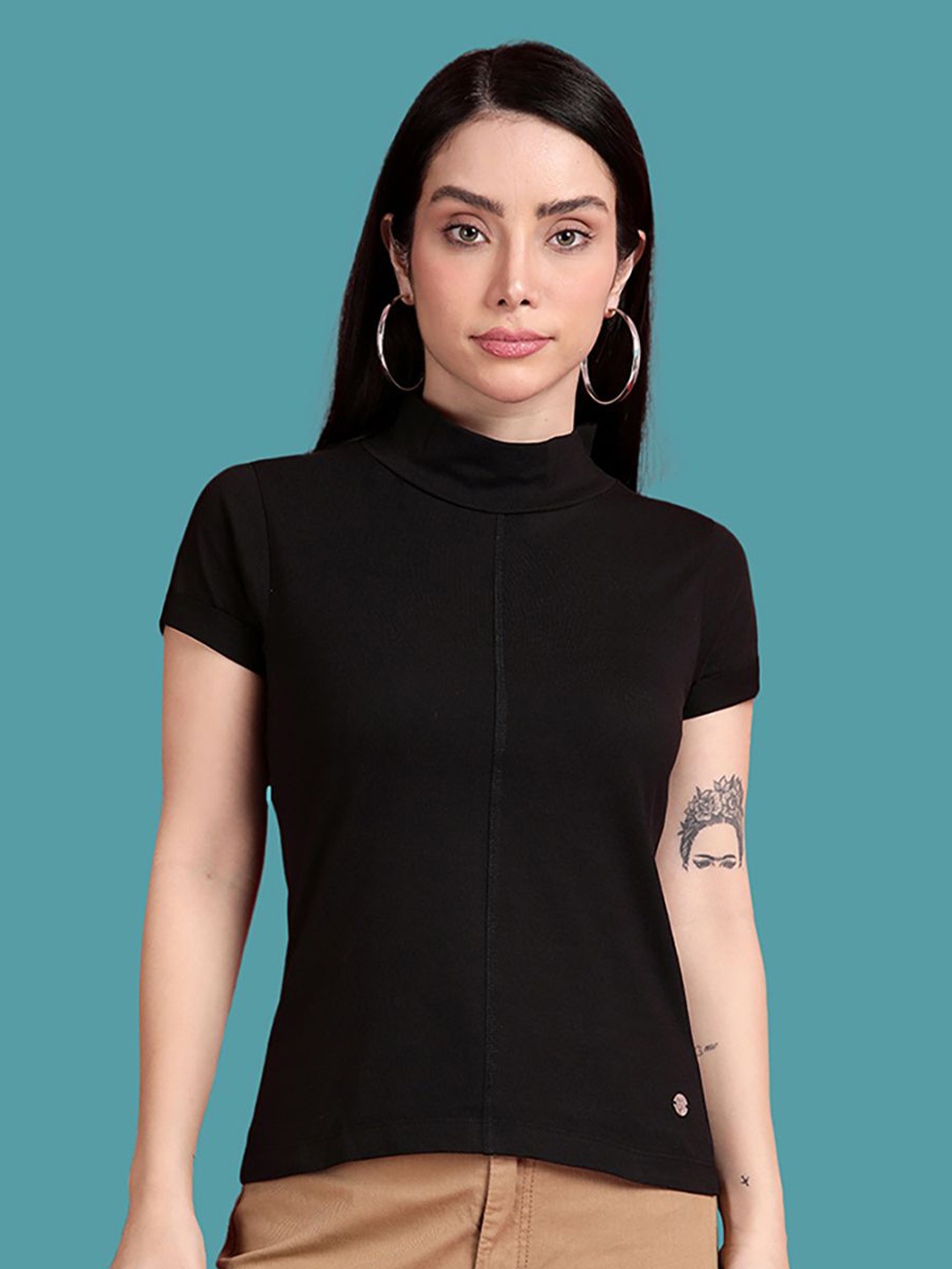 

TWIN BIRDS Women Solid High Neck Cotton Slim Fit T-shirt, Black