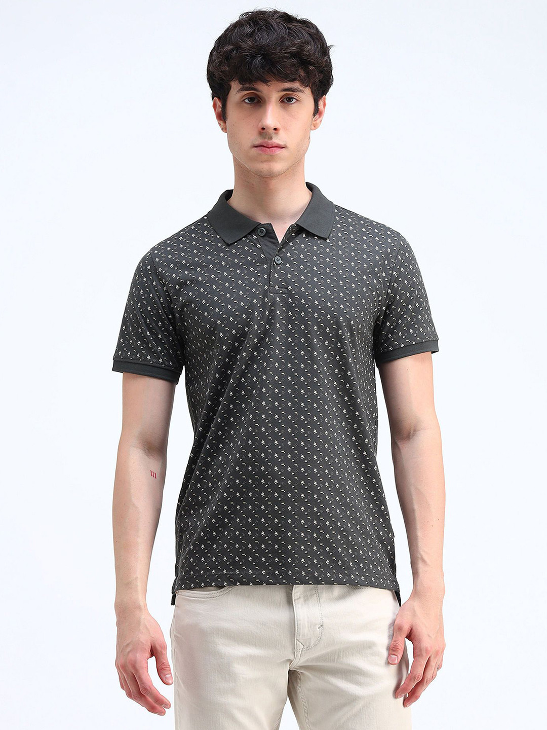 

Flying Machine Men Abstract Printed Polo Collar Cotton T-shirt, Grey