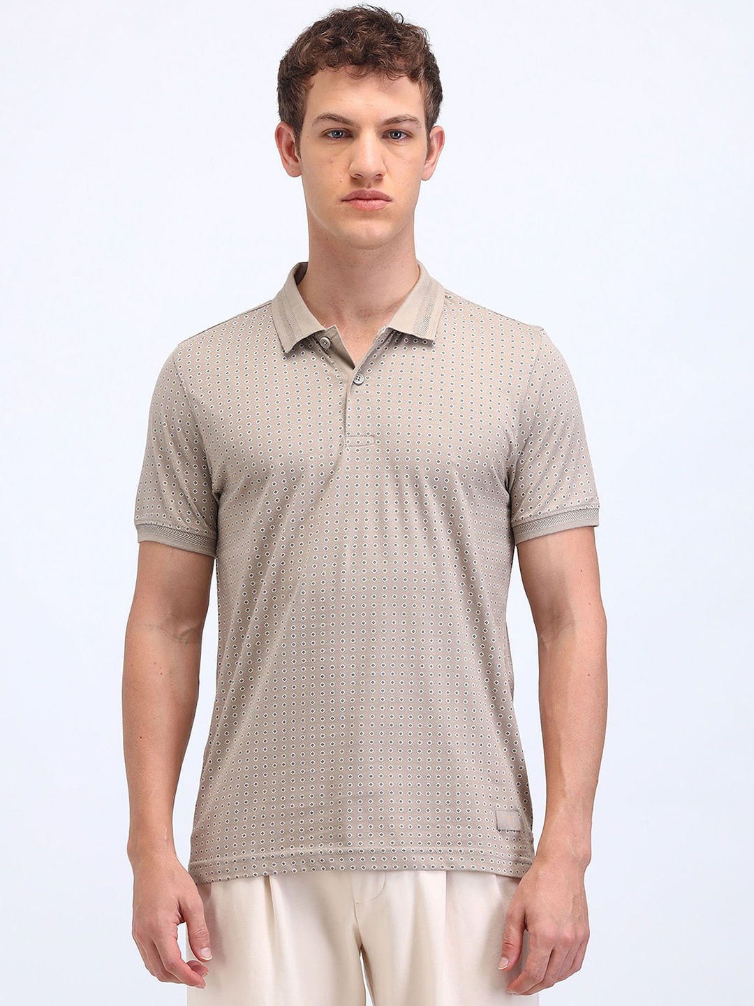 

Flying Machine Men Geometric Printed Polo Collar Cotton T-shirt, Beige