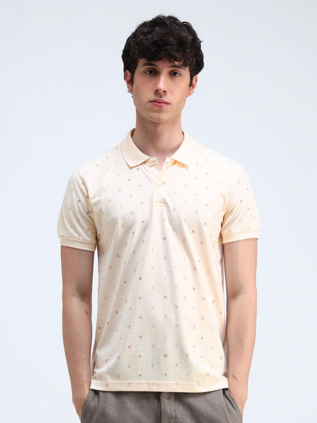 

Flying Machine Men Conversational Printed Polo Collar Cotton T-shirt, Beige