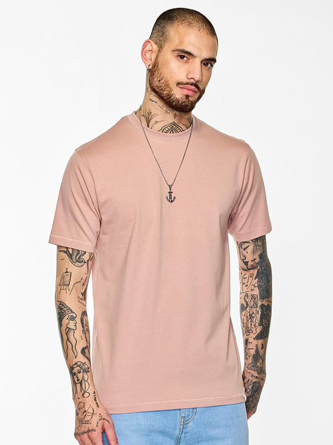 

Snitch Men Solid Cotton T-shirt, Peach