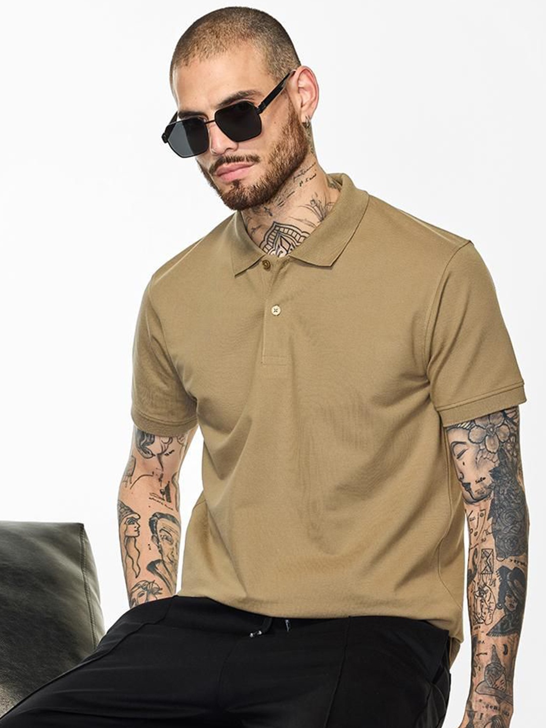 

Snitch Men Solid Polo Collar Cotton T-shirt, Khaki