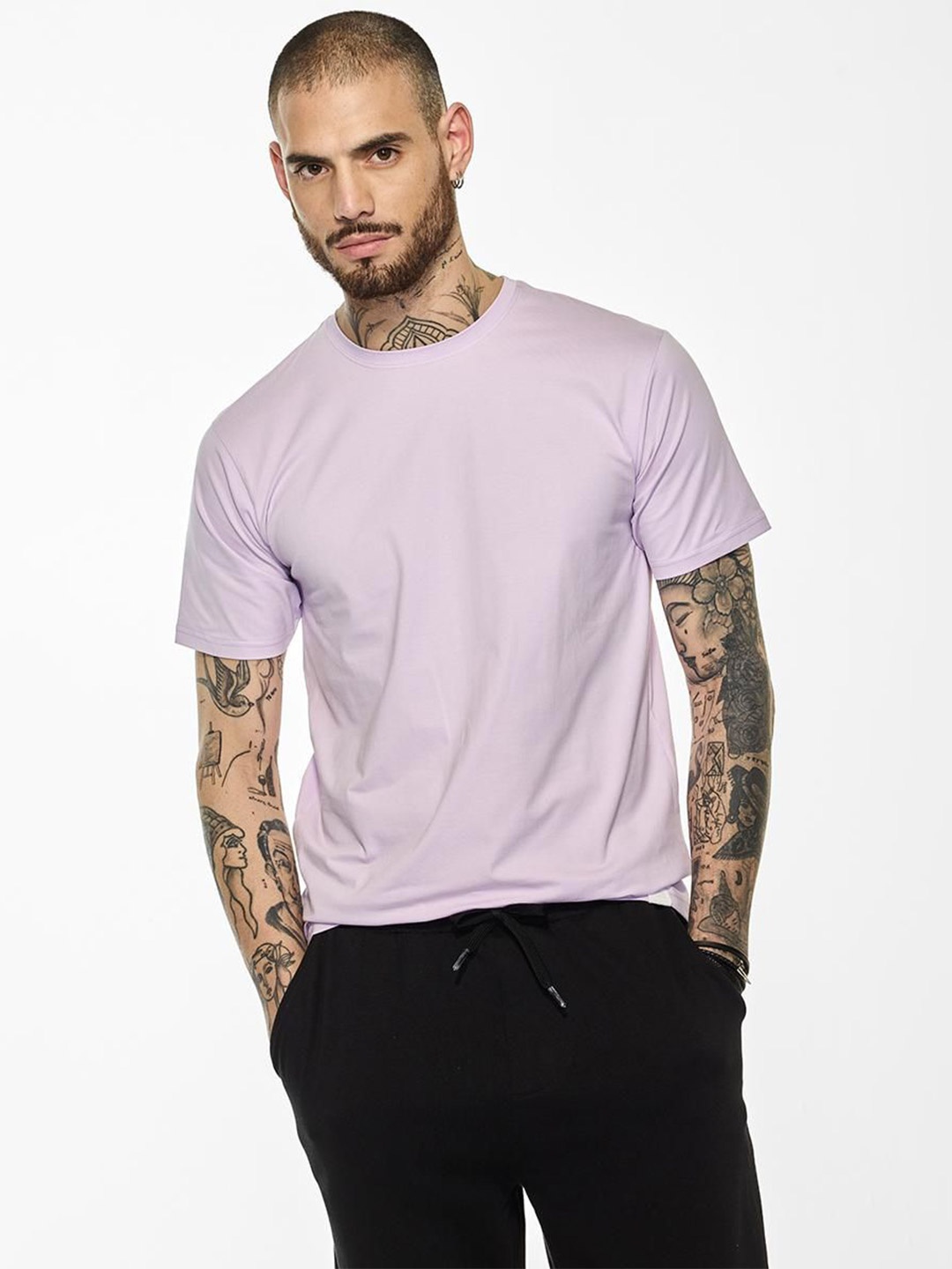 

Snitch Men Solid Round Neck Cotton T-shirt, Lavender