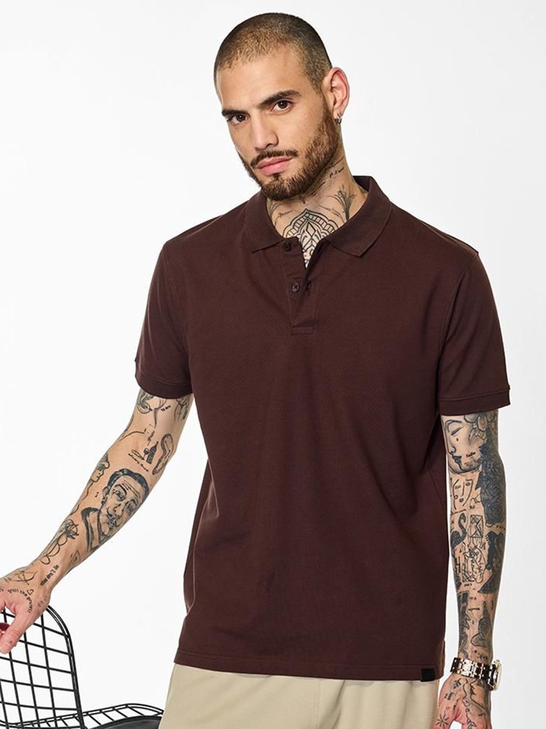 

Snitch Men Solid Polo Collar Cotton T-shirt, Brown