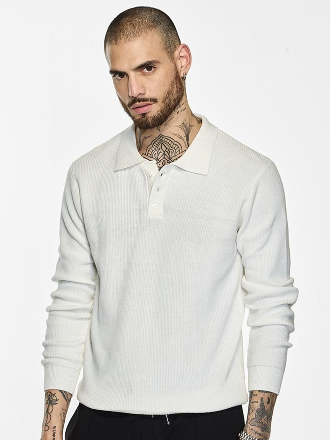 

Snitch Men Solid Shirt Collar Cotton Sweatshirt, Off white