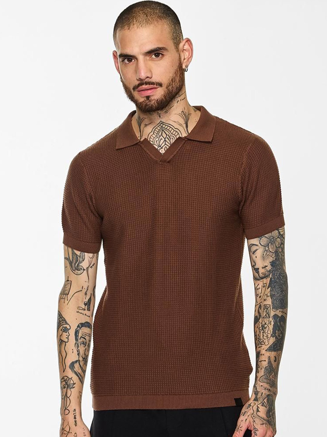 

Snitch Men Self Design Polo Collar Cotton T-shirt, Brown