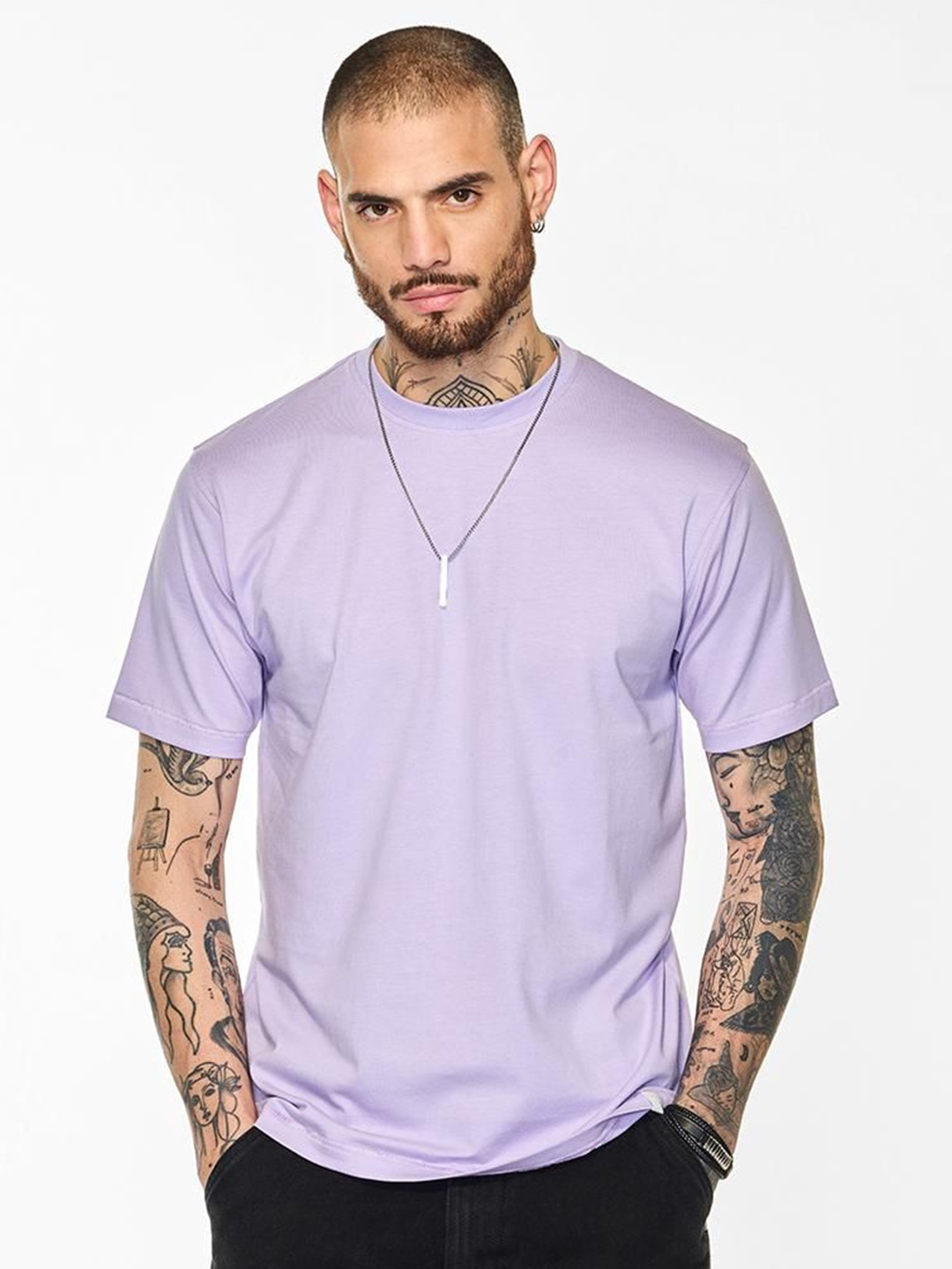 

Snitch Men Solid Round Neck Cotton T-shirt, Lavender