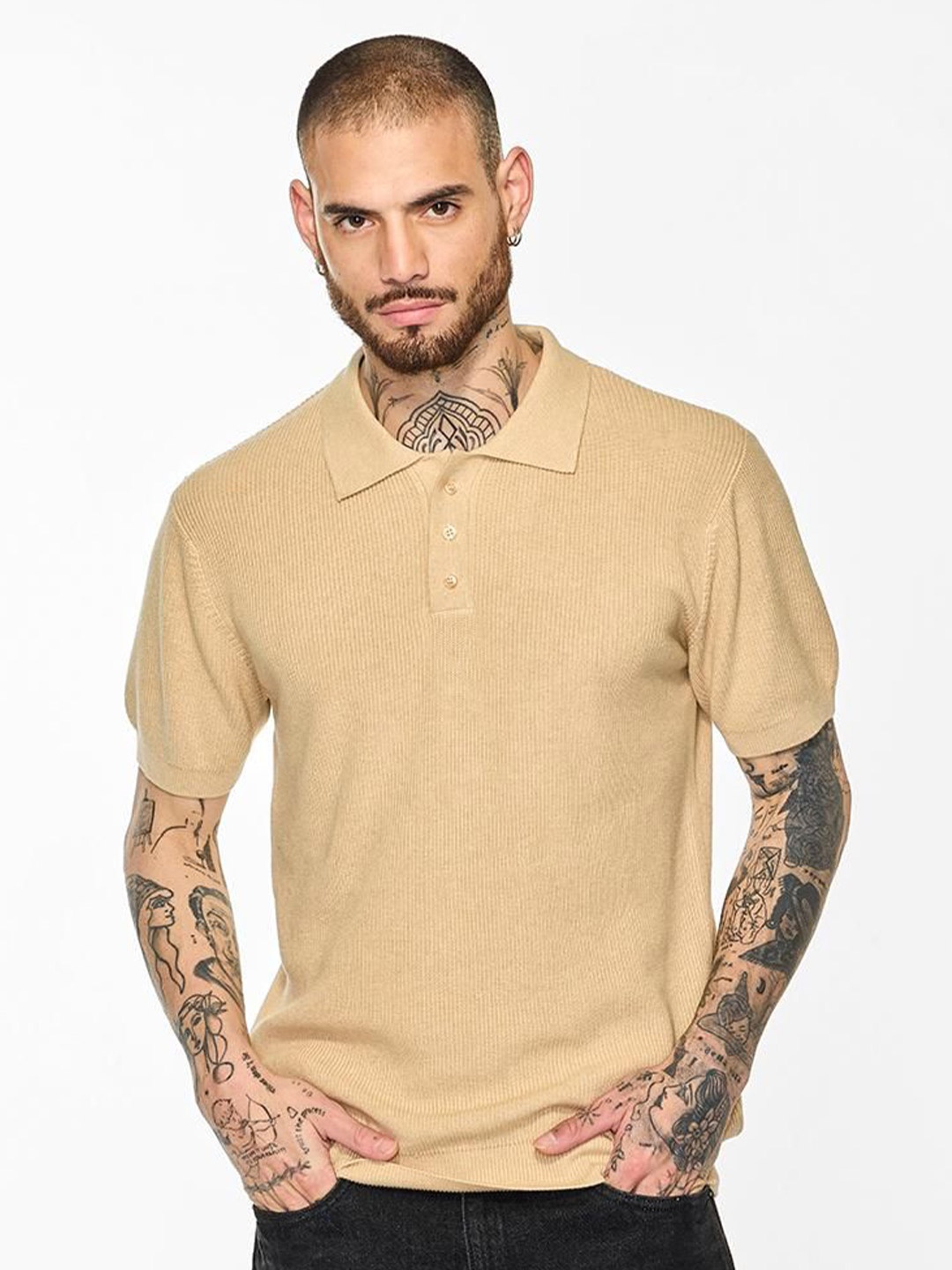 

Snitch Men Solid Polo Collar Cotton T-shirt, Beige