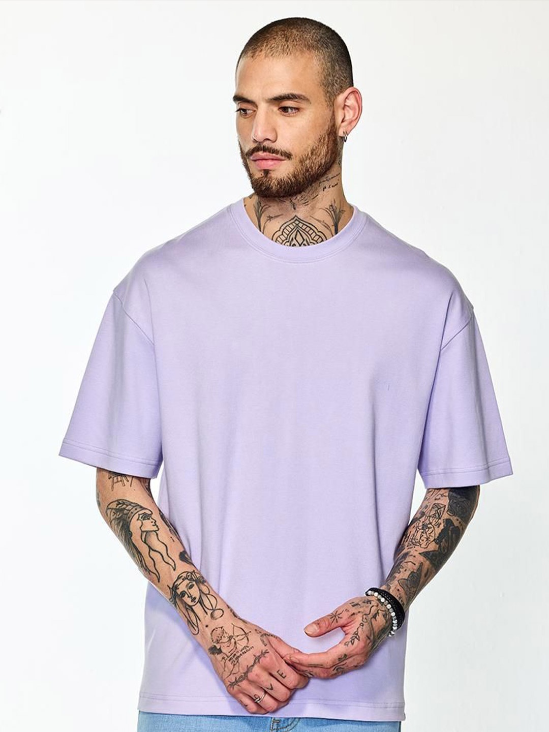 

Snitch Men Solid Round Neck Oversized Cotton T-shirt, Lavender