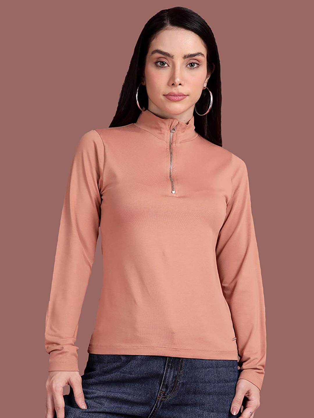 

TWIN BIRDS Women Solid High Neck Cotton Slim Fit T-shirt, Peach