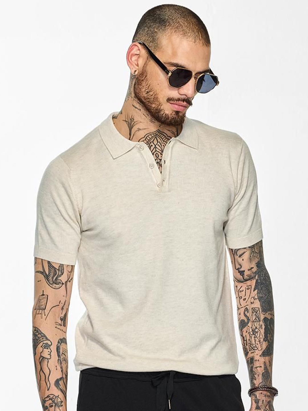 

Snitch Men Solid Polo Collar T-shirt, Cream