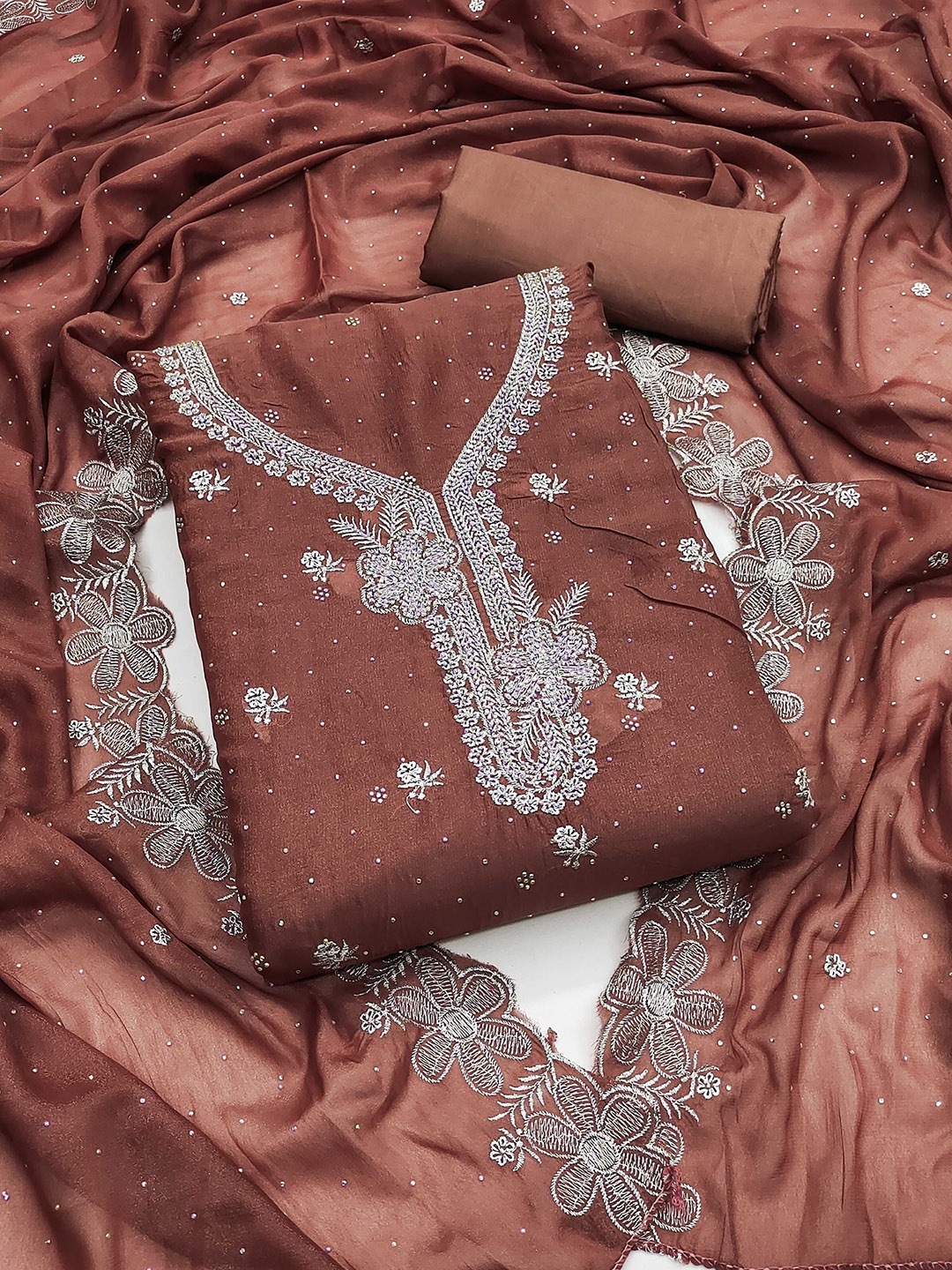 Panzora Floral Embroidered Beads and Stones Unstitched Dress Material, Brown