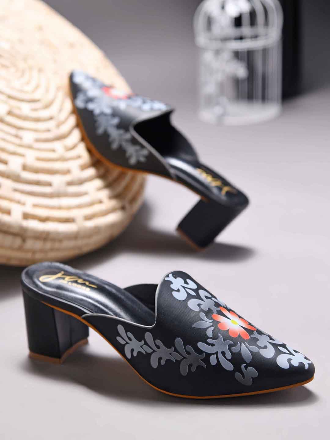 

JM Looks Women Printed Pointed Toe Block Heel Mules, Black