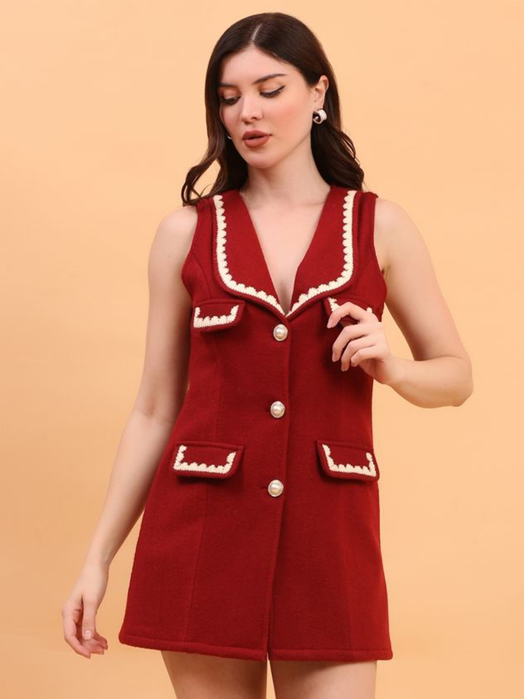 

ECO LEAS BY SHIPRA Embroidered Peter Pan Collar Woollen Mini Blazer Dress, Red